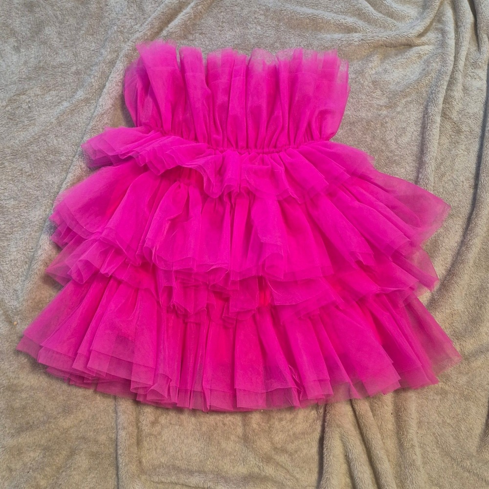 Altar'd State Hot Pink Tulle Ruffle Tiered Strapless Mini Dress XS Party Event